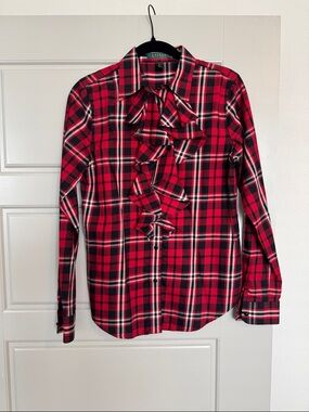 NWOT Ralph Lauren Red Black White Plaid Ruffle Button-Down Blouse, S